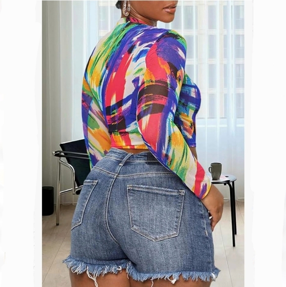 *NEW* Women's Sheer Long Sleeve Crop Top Graffiti Print, Small - Picture 2 of 4